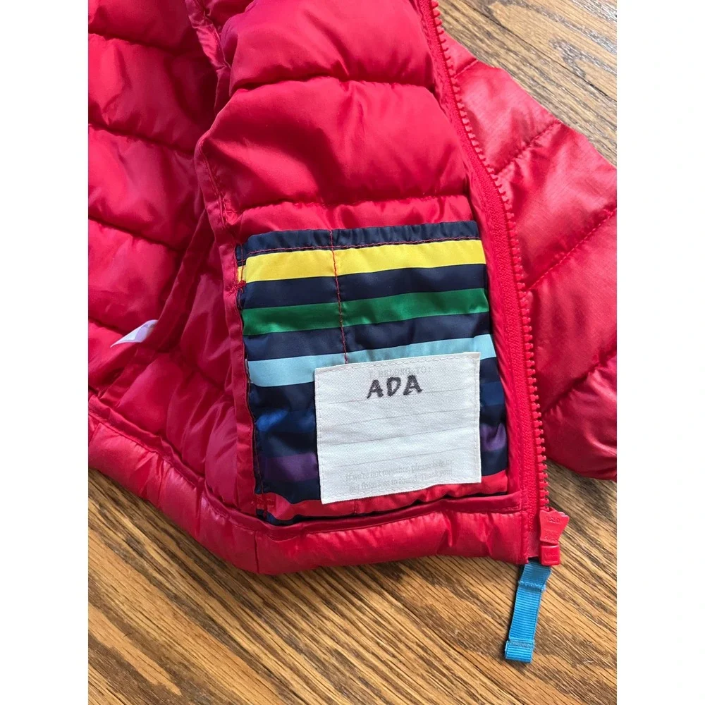 Primary Kids Raspberry Red Hooded Puffer Jacket 12-18 Months Recycled Polyester